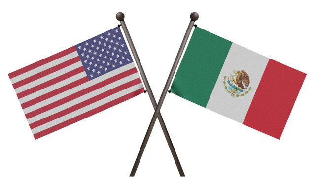 3D render of USA and Mexico flags crossed on white background, symbolizing North American diplomacy and bilateral trade relations