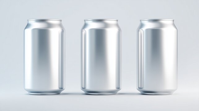 Three blank aluminium cans in a composition with soft shadows