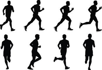 Fototapeta premium Collection of running men silhouettes in various poses against a white background silhouette