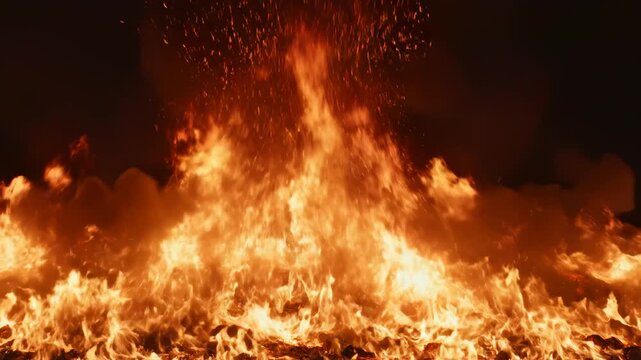 Intense flames and glowing embers in a fire ideal for sleek commercial backgrounds and title sequences