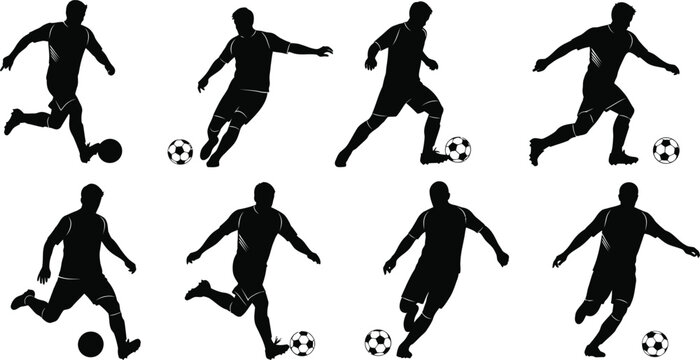 Dynamic soccer players in action poses with footballs a black silhouette on a white background