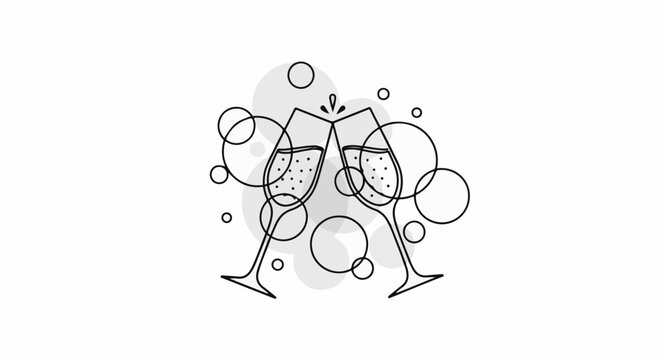 Two champagne glasses clinking with bubbles and circles