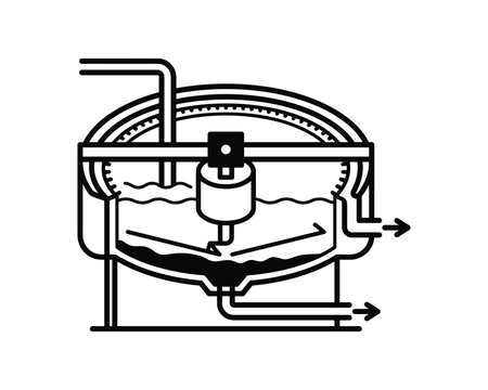 Wastewater treatment plant clarifier tank process diagram, showing sedimentation.