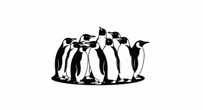 A group of black and white penguins stand together in a circle