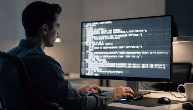 Medium shot of a coder running deployment scripts via terminal main object is the glowing code text blurred background depicting efficient configuration management.