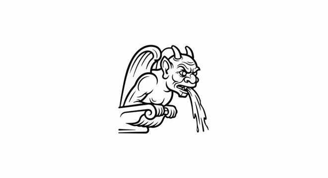 A detailed black and white line drawing of a winged gargoyle spewing water from its mouth