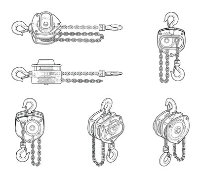 Vector black and white line art illustrations of chain hoists and pulley blocks with hooks and chains.