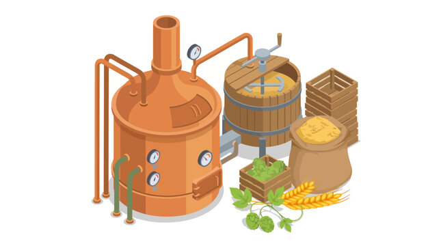 This illustration showcases copper distillation equipment, ideal for brewing beer, with essential components like a mash tun and fermentation vessel highlighted effectively.