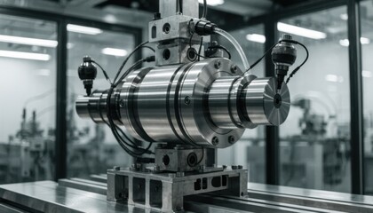 Obraz premium Medium shot of industrial spindle unit equipped with vibration sensors capturing detailed movement data during highprecision testing on a metal test stand.