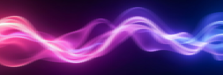 Fototapeta premium Abstract waves composed of vibrant pink and deep blue neon light glows flow elegantly across a dark background to create a dynamic visual movement for modern design projects.