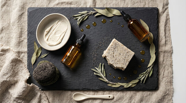 A curated selection of botanical oils, handmade soap, and volcanic stones on a dark slate surface. The arrangement evokes a sense of professional spa expertise and holistic luxury.