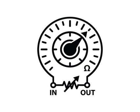 Black line art icon showing a variable resistor with a rotary dial for resistance adjustment.