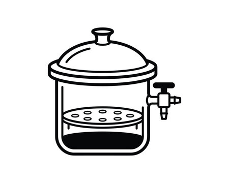 Vector line art icon of a laboratory vacuum desiccator jar with stopcock and internal shelf.