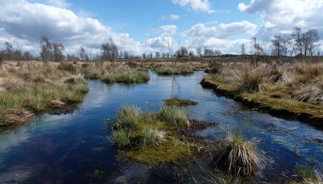Peatland rewetting ditches blocked with willow fascines on Earth Day bog restoration, sphagnum moss greening saturated hollows, curlew calls echoing, carbon storekeeper revival