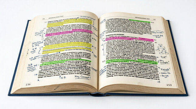 Open book with highlighted text and handwritten notes on pages  