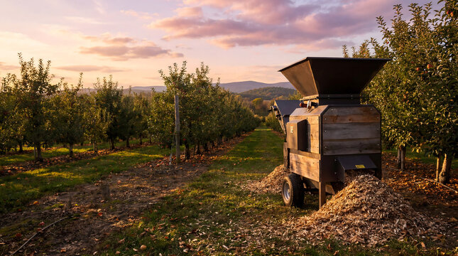 Wood chipper machine in apple orchard at golden hour sunset