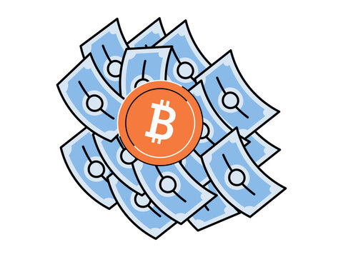 Bitcoin coin on a pile of cash vector illustration. Crypto investment, digital finance, asset growth, online wealth, economic exchange, market profit. Cryptocurrency symbol on currency notes