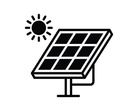 A black glyph icon illustrating a solar panel with a shining sun, representing clean energy.