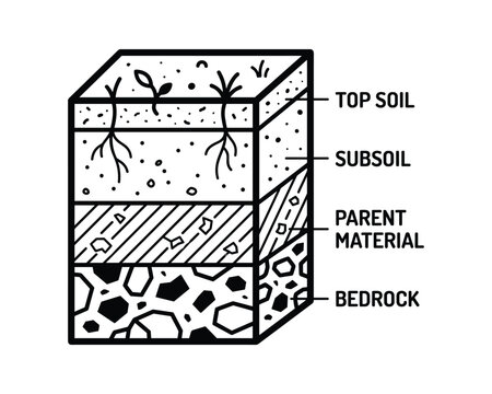 Soil strata cross section diagram illustrating topsoil subsoil parent material bedrock layers.