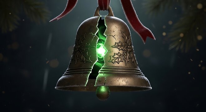 Cracked bronze bell with green light.