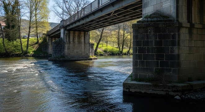 Concrete Bridge Spanning a Flowing River Amidst Lush Greenery.