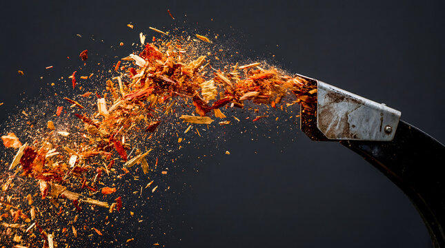 Wood chipper ejecting shredded wood chips in dramatic burst against dark background
