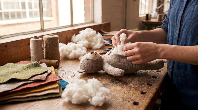Artisan stuffing a handmade felt teddy bear in a rustic craft workshop
