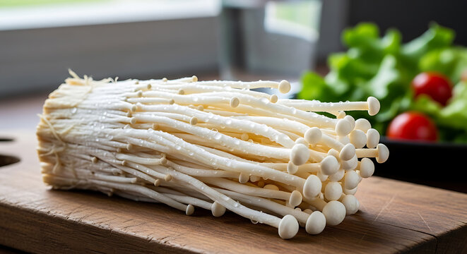 enoki mushrooms cluster fresh on wooden board on transparent background high quality