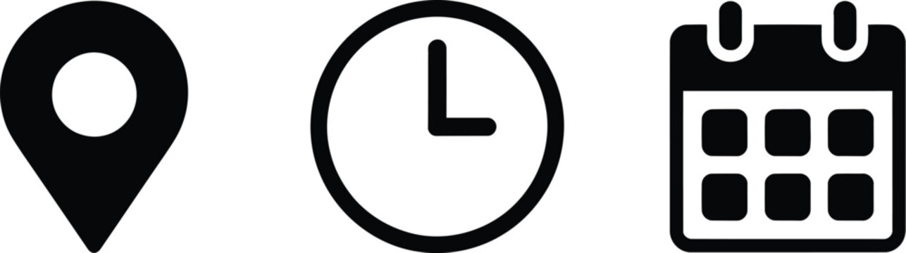 Calendar icon combined with clock and location pin symbols showing time date and address for event banner poster meeting agenda invitation