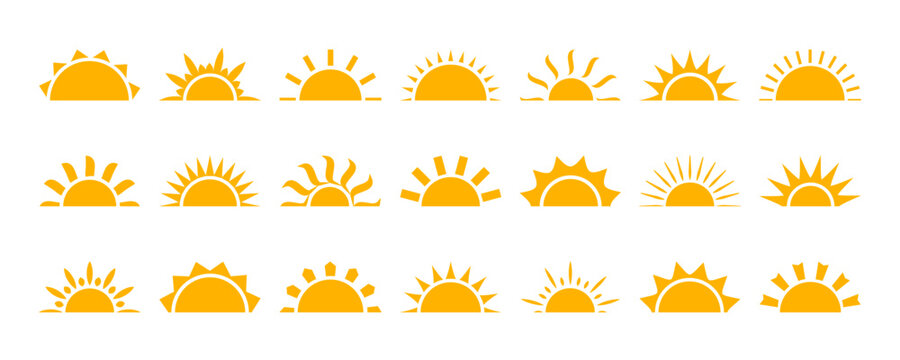 Sun half icon, summer sunrise, yellow shape ray. Morning burst light, color shine silhouette. Half orange star symbol, cartoon solar set isolated on background. Weather pictogram. Vector illustration