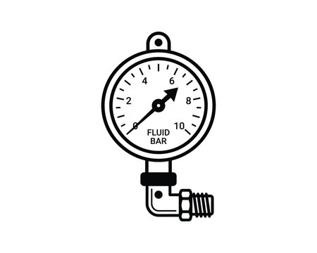 Black and white line art vector illustration of a fluid pressure gauge with pipe fitting.
