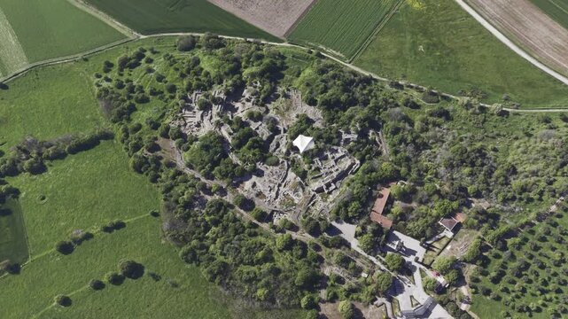 Aerial Drone View of Ancient Troy Archaeological Site in Canakkale Turkey UNESCO World Heritage Site