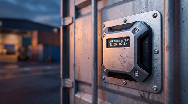 GNSS tracking device mounted on cargo shipping container at dusk