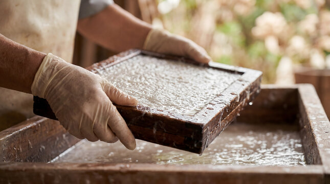 Artisan lifting handmade paper mold from water vat during traditional papermaking