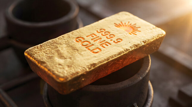 Fine gold 999.9 bullion bar resting on dark metal mold in warm light