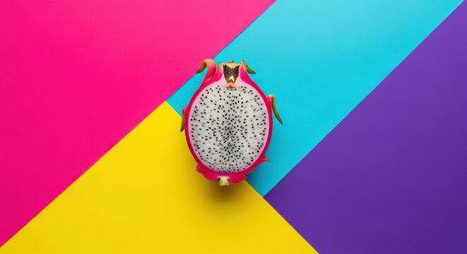 Halved Dragon Fruit Overlapping Colorful Diagonal Stripes Background Delicious Pitaya Sliced Close Up Food Vibrant Backdrop Healthy Colorful Abstract