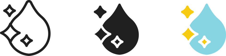 Fototapeta premium Sparkling water drop icon set for clean liquid and purity vector symbols.