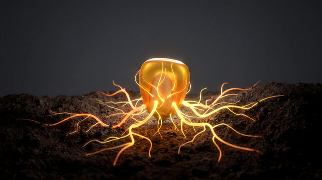 Glowing corn seed sprouting luminous roots in dark soil, conceptual 3D render