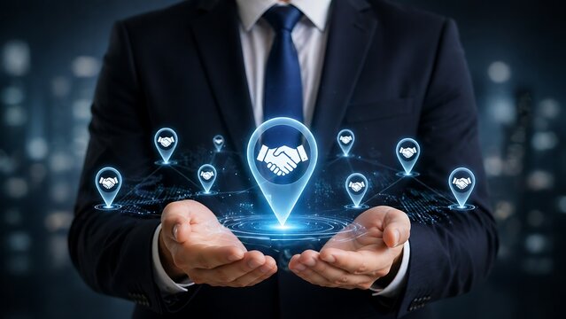 Businessman holding with location pins showing handshake icon.