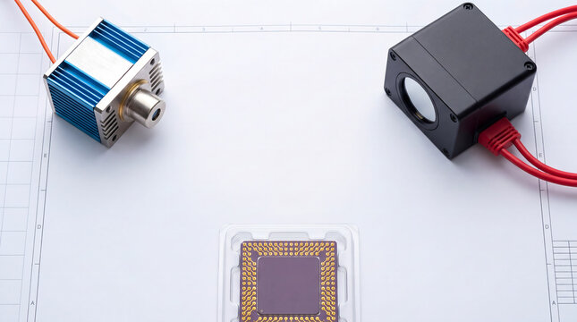 Laser module, ultrasonic sensor and CPU chip arranged on grid paper