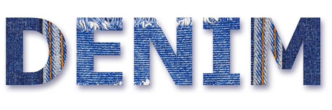 Denim letters made from blue fabric showing the material's texture and pattern used in fashion and apparel industry