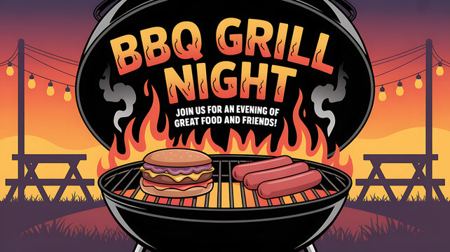 Barbecue grill night poster design with cartoon style burger and hot dogs cooking over open flames.
