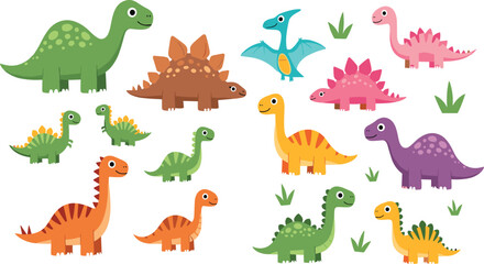 Fototapeta premium Cute Cartoon Dinosaur Collection Flat Vector Illustration Set with Colorful Baby Dinos for Kids Design
