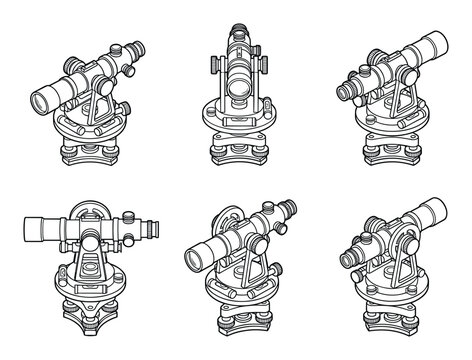 Six detailed black outline vector illustrations of a surveying theodolite in various views.