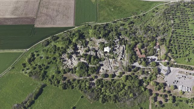 Aerial Drone View of Ancient Troy Archaeological Site in Canakkale Turkey UNESCO World Heritage Site
