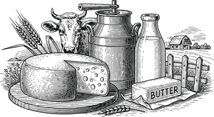 Farm fresh dairy products with cow and barn in a rustic setting © Ishtiaq