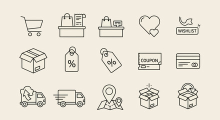 Fototapeta premium Minimalist e-commerce line icon set featuring shopping cart, delivery truck, discount tags, payment methods, and logistics symbols for digital retail