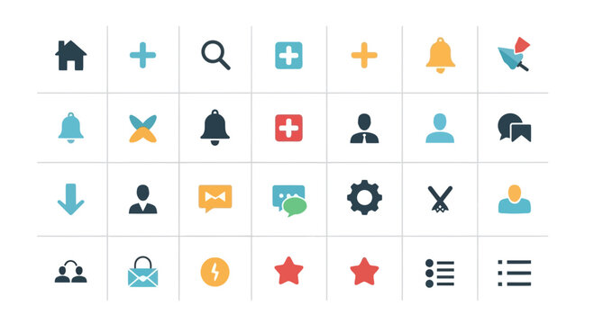 Set of 28 colorful flat icons for user interface design and web application navigation