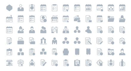 Fototapeta premium Comprehensive collection of grayscale business, office, and management icons for modern digital interfaces, data dashboards, and professional corporate applications