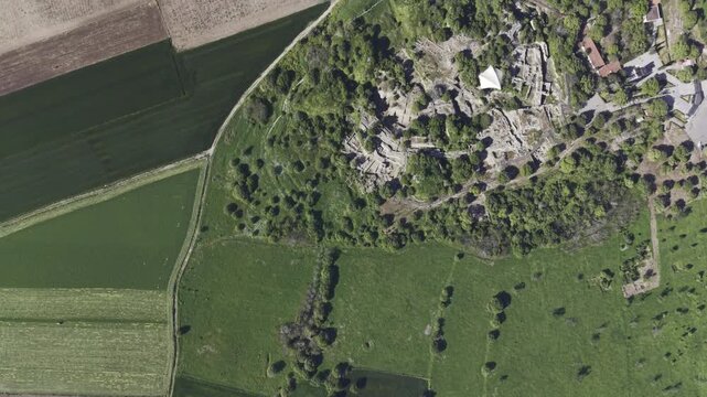 Aerial Drone View of Ancient Troy Archaeological Site in Canakkale Turkey UNESCO World Heritage Site